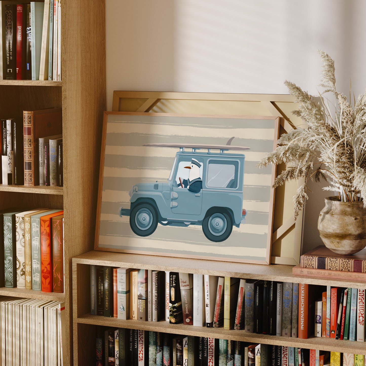 Surfing Seagull Canvas Art | Coastal Bird Driving Jeep with Surfboard Print for Beach House, Kids Room or Nautical Décor