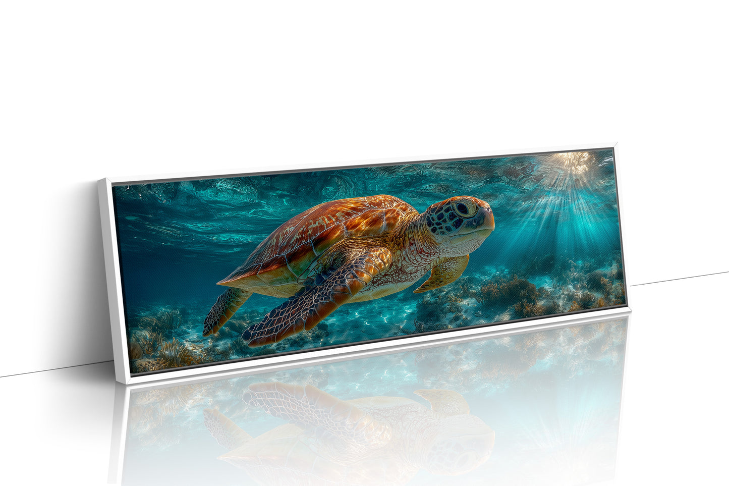 Sea Turtle Swimming In Sunlit Ocean