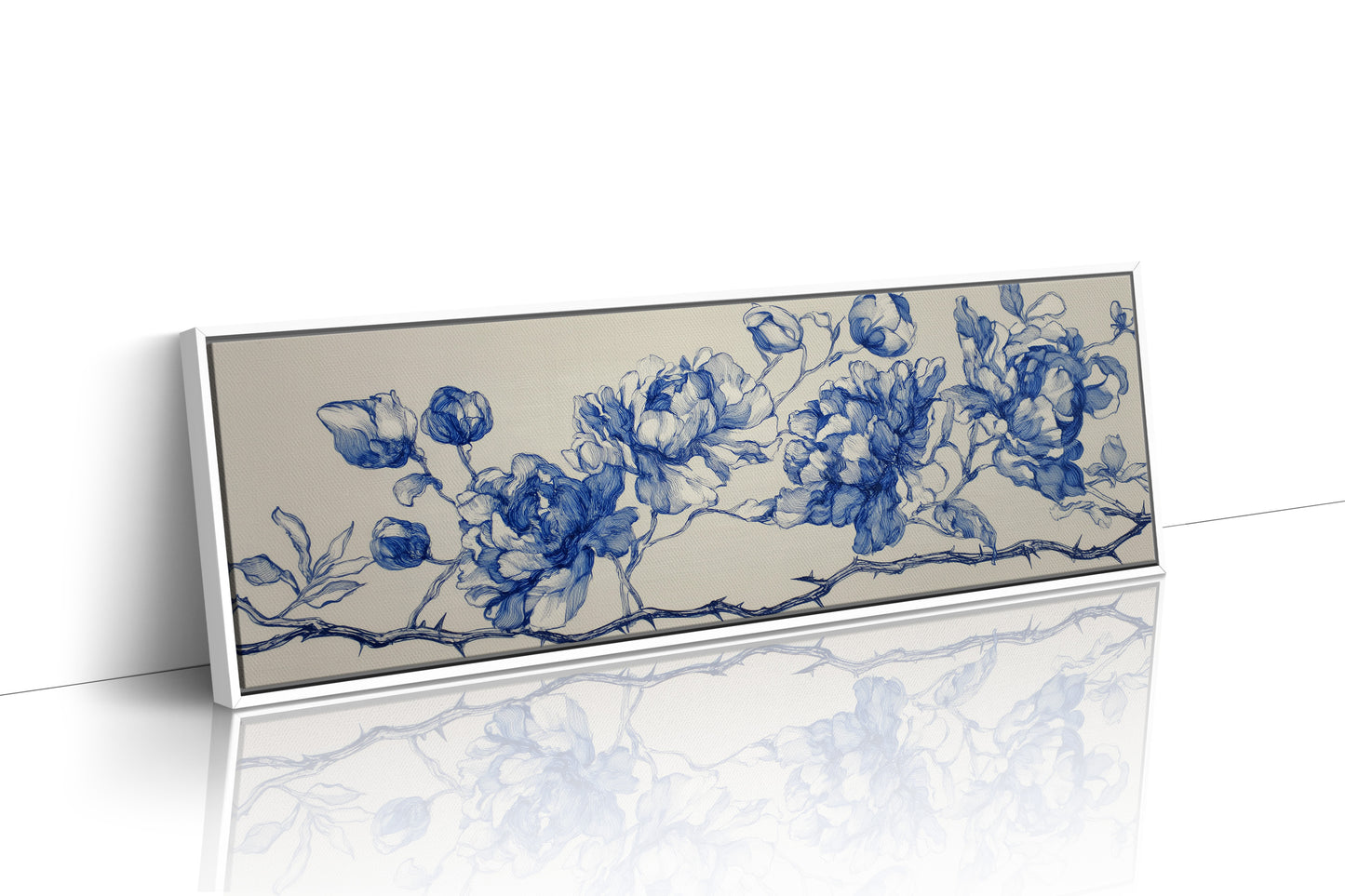 Blue Ink Roses On Thorned Vine