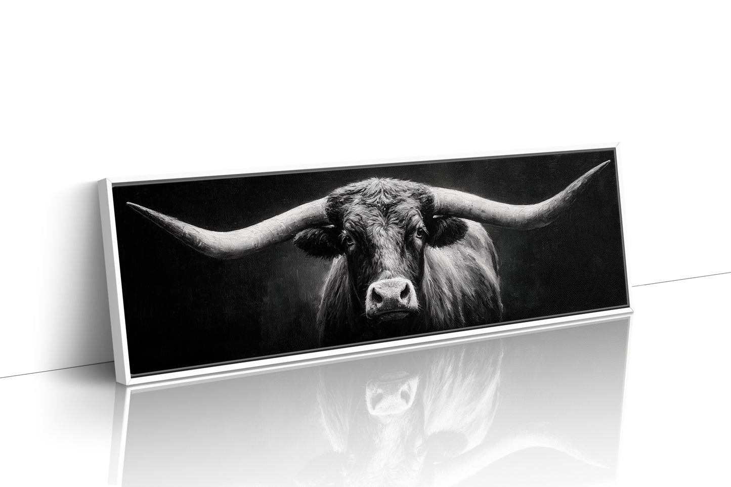 Black and White Longhorn Portrait on Dark Background