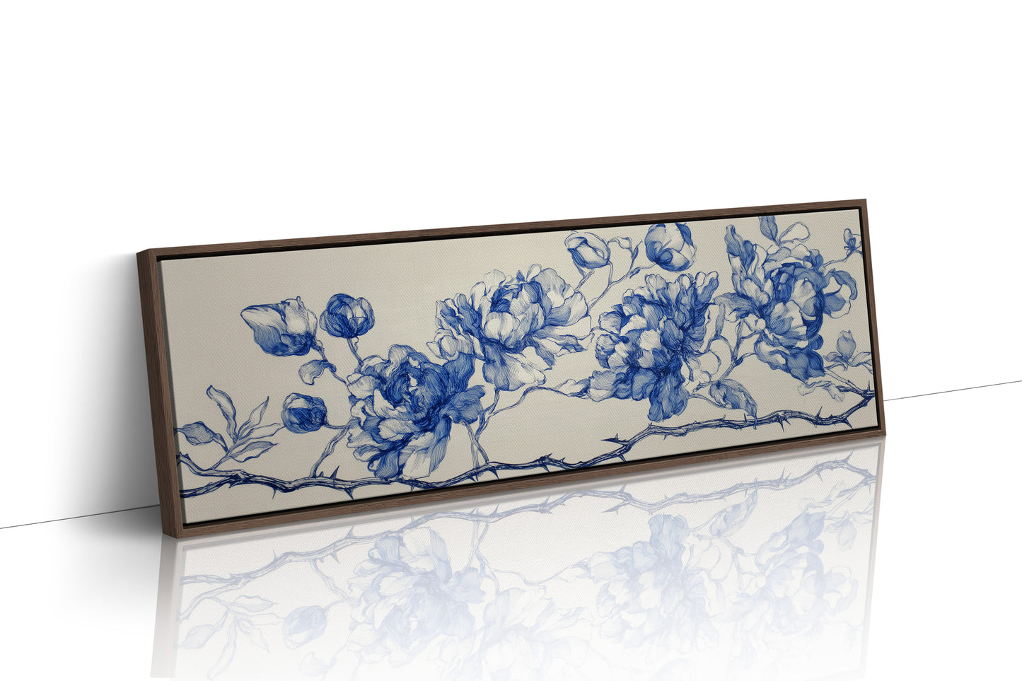 Blue Ink Roses On Thorned Vine