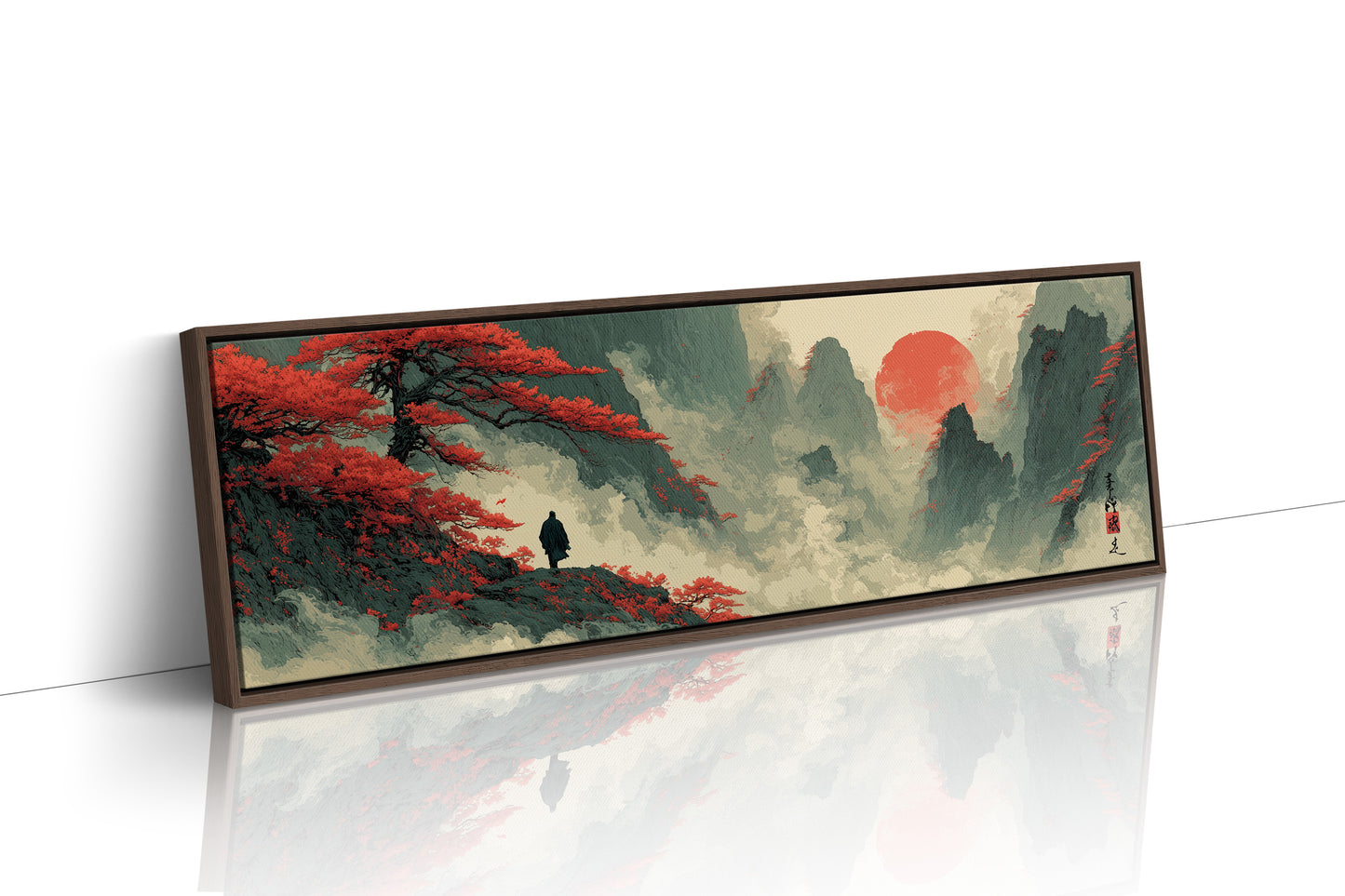 Red Sun Over Misty Mountain Peaks