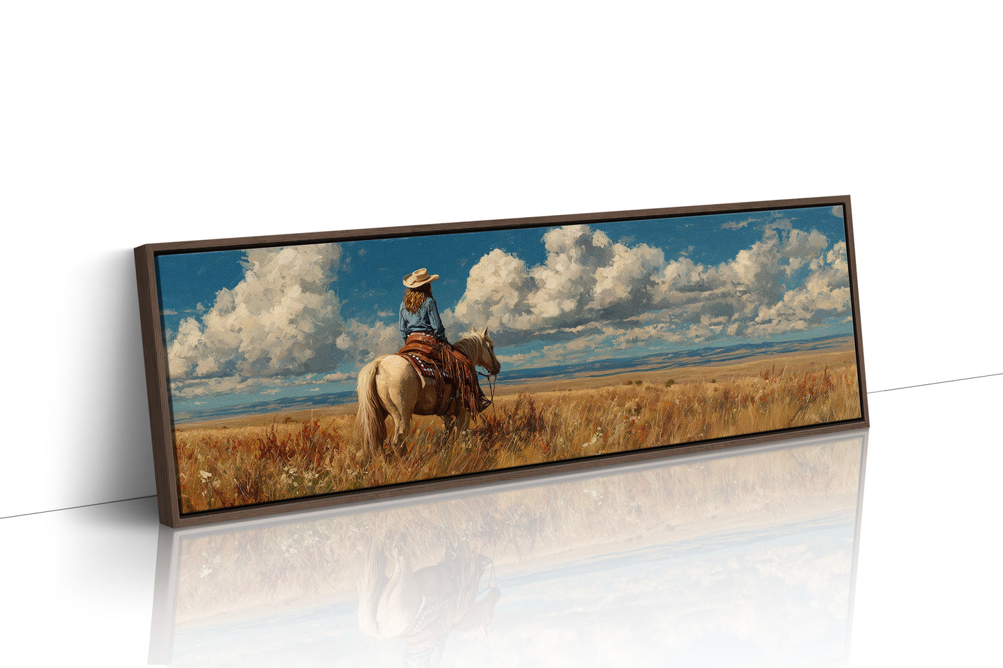 Cowgirl on Horse Overlooking Wide Western Prairie