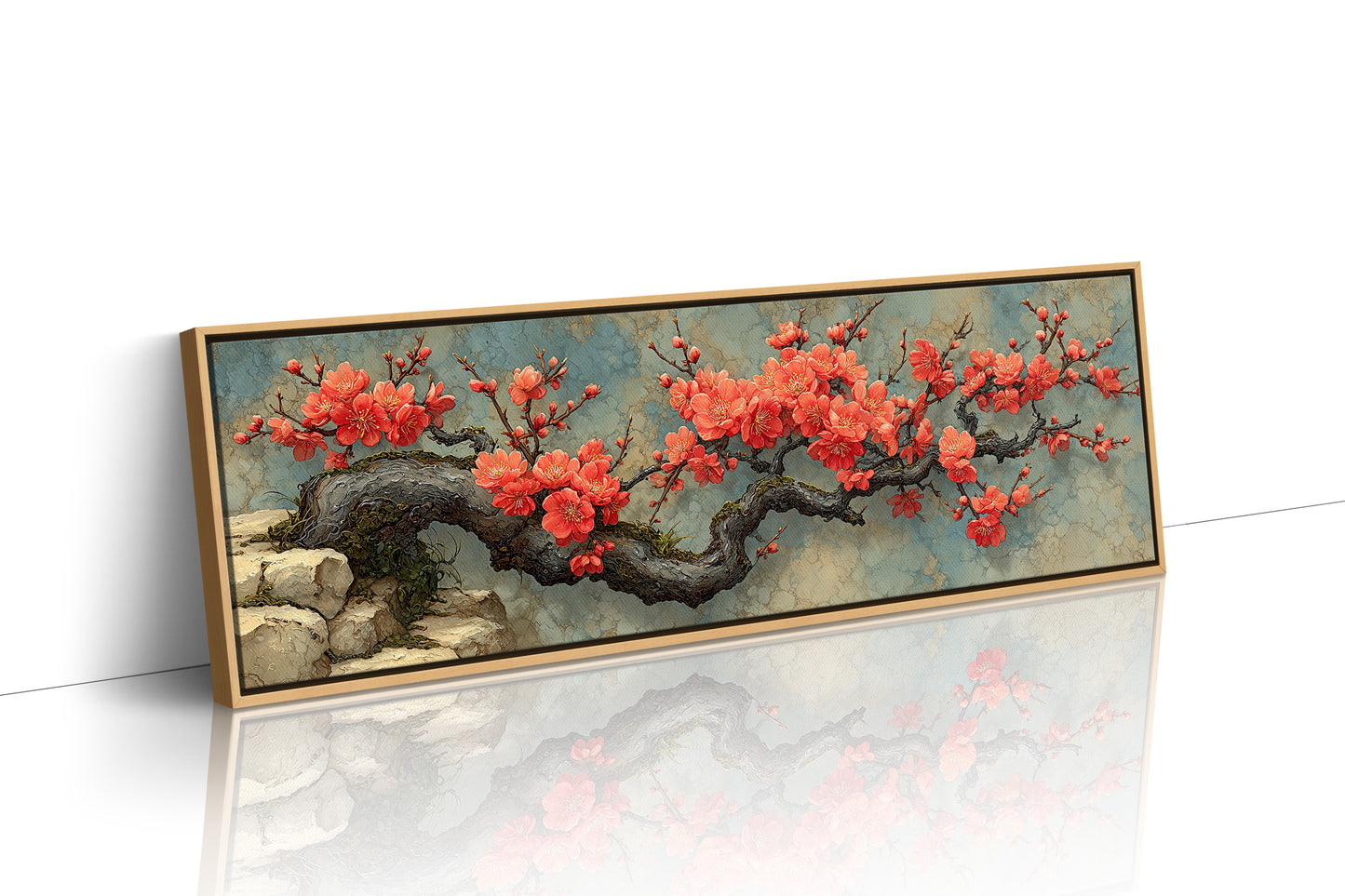 Crimson Blossoms On Ancient Wood