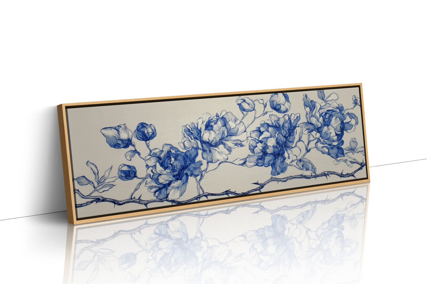 Blue Ink Roses On Thorned Vine