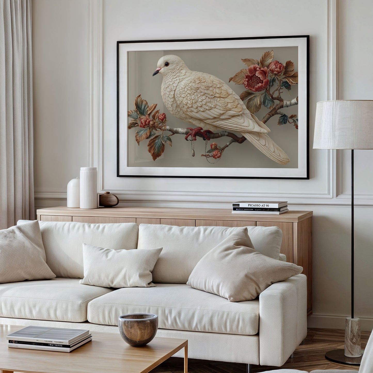 Ivory Dove Among Autumn Peonies