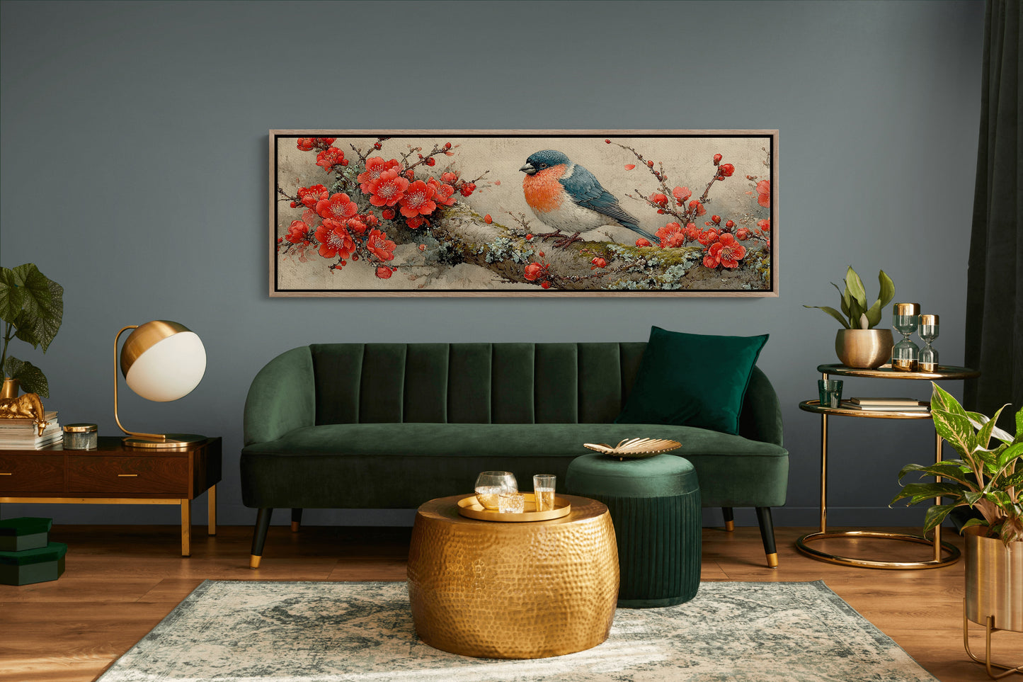 Songbird Among Scarlet Blossoms