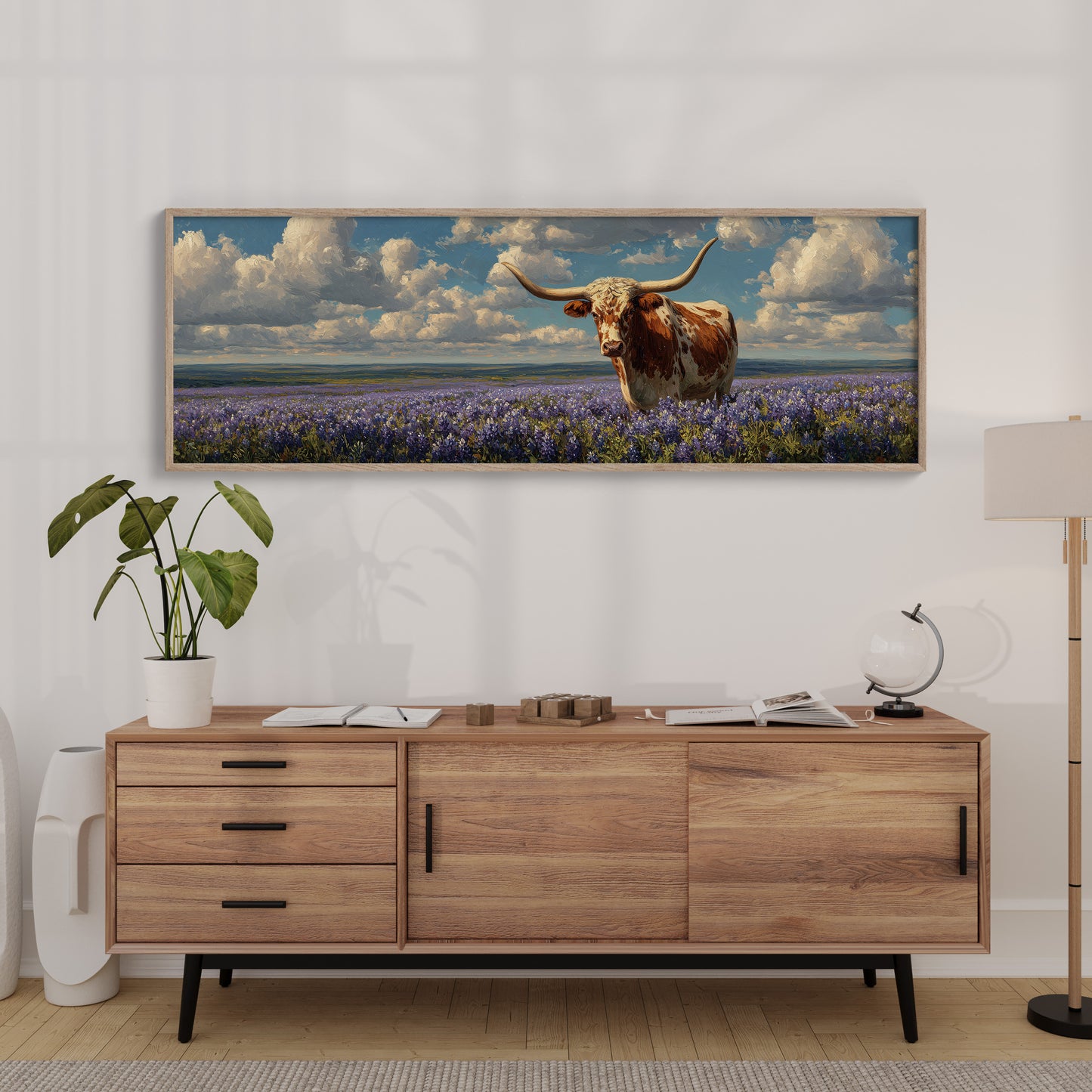 Texas Longhorn Standing in Blooming Bluebonnet Field