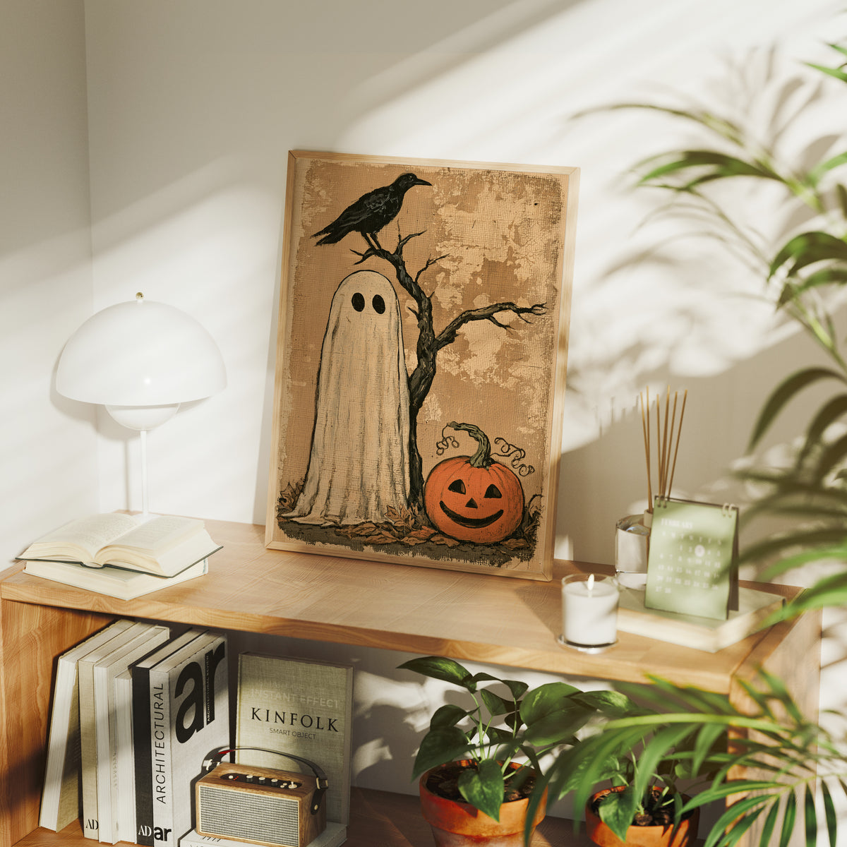 Ghost, Crow, and One Grinning Pumpkin
