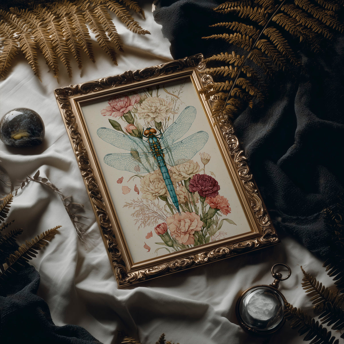 Dragonfly Among Carnations — Botanical Illustration Print