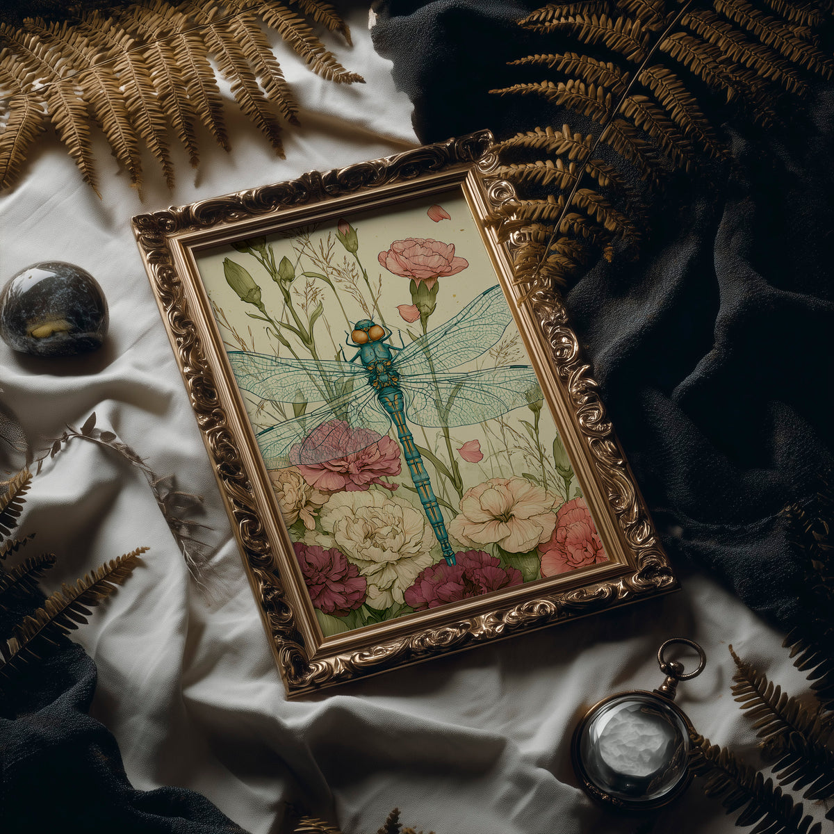 Dragonfly Among Carnations — Garden Bed Botanical Print