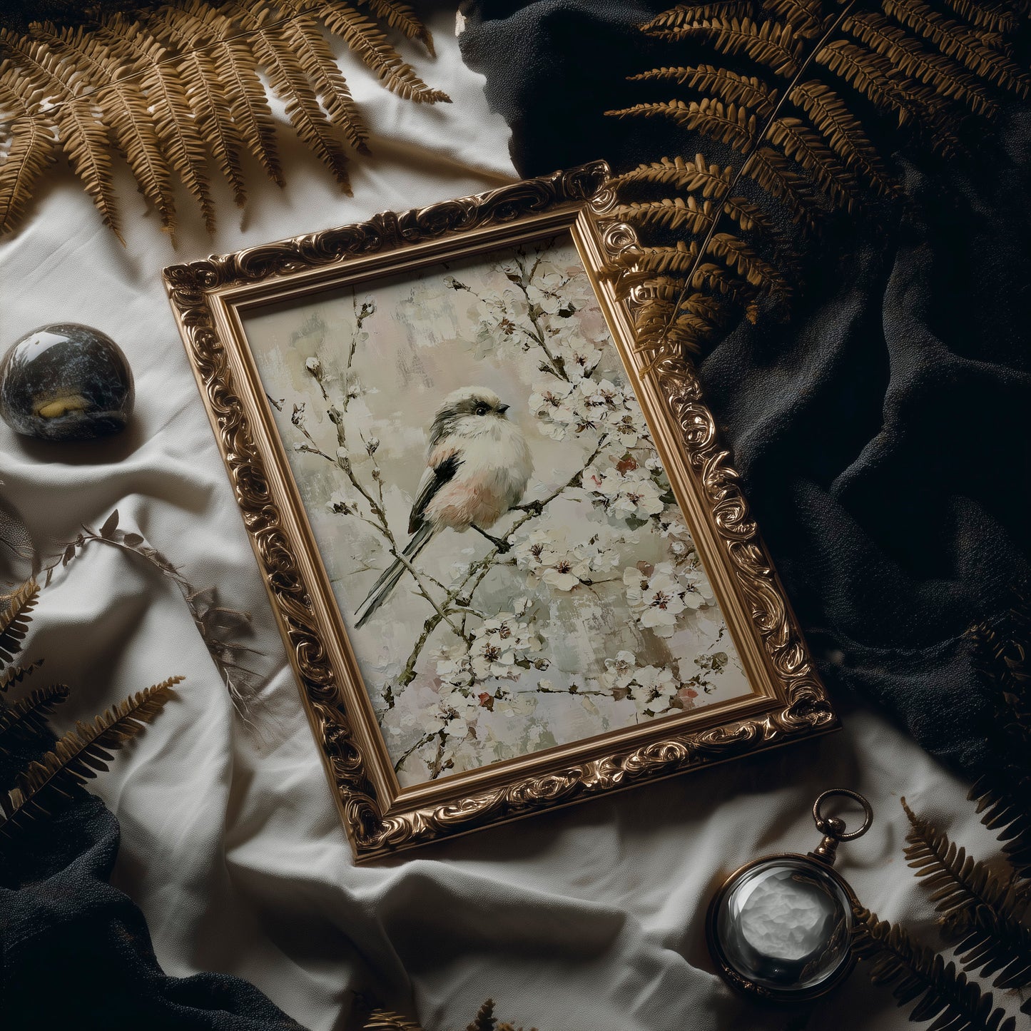Long-Tailed Tit in Cherry Blossoms — Impasto Bird Painting