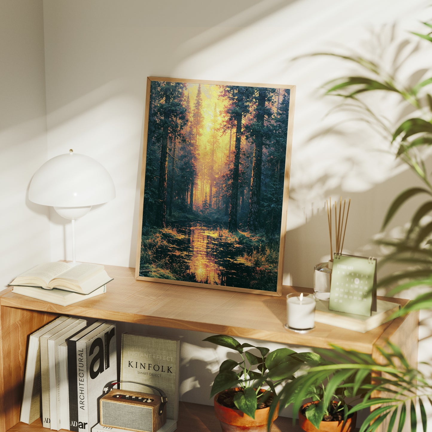 Blazing Grove: Impasto Forest Stream at Sunset