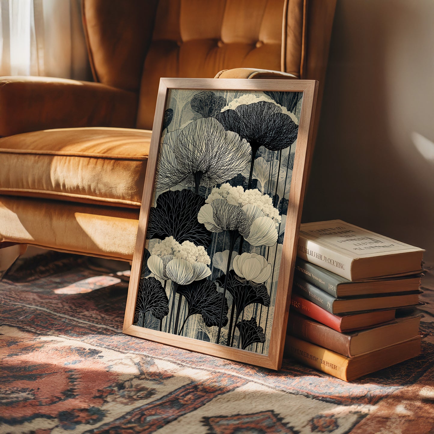 Poppies and Birches in Black Ink