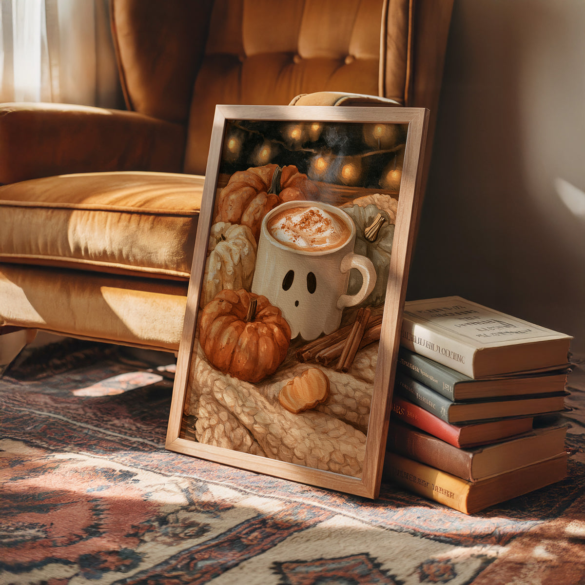 Pumpkin Spice And Everything Boo, framed print leaning on a leather armchair beside a stack of books