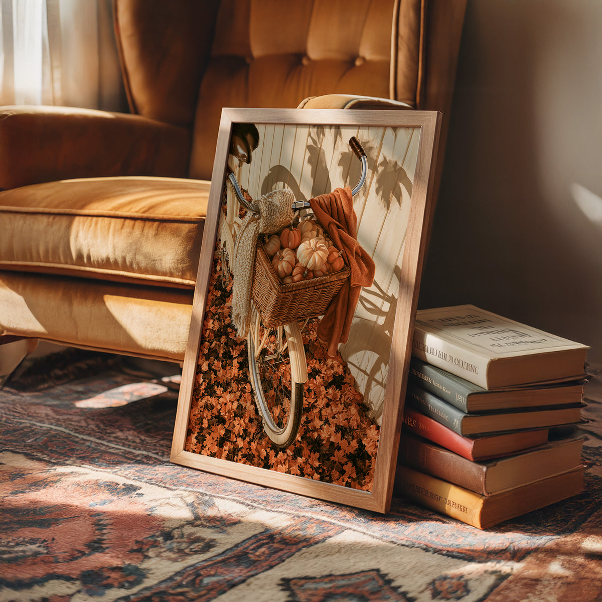 Gourd Delivery, Pedal Powered, framed print leaning on a leather armchair beside a stack of books