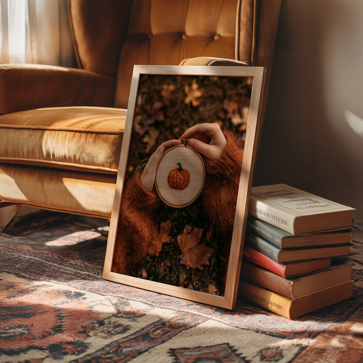 Hoop Dreams, Pumpkin Edition, framed print leaning on a leather armchair beside a stack of books