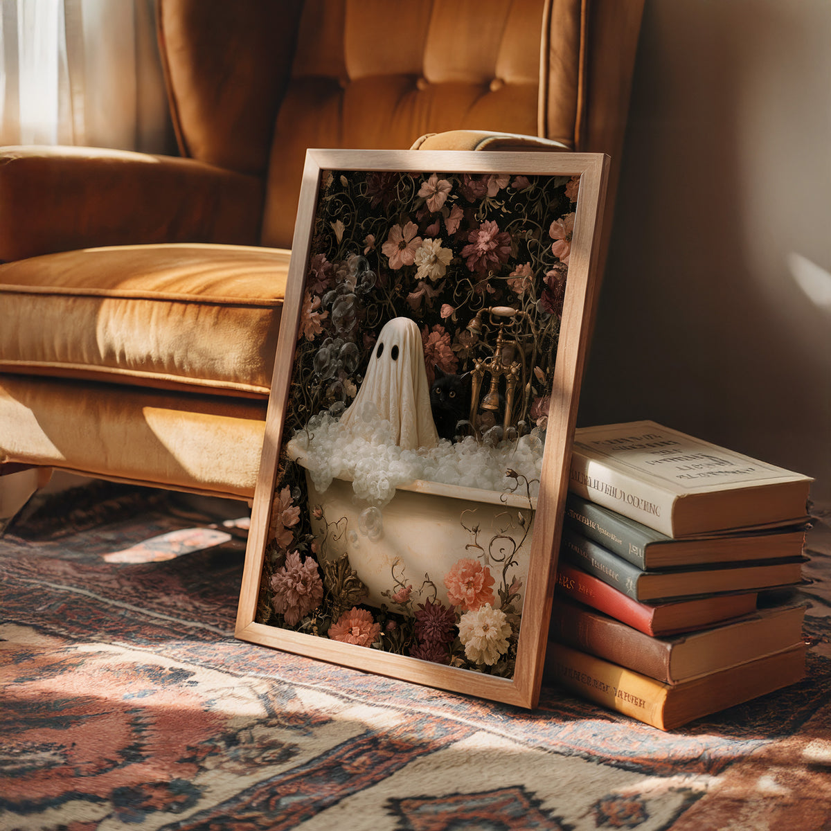 Boo ble Bath With A Side Of Judgment, framed print leaning on a leather armchair beside a stack of books