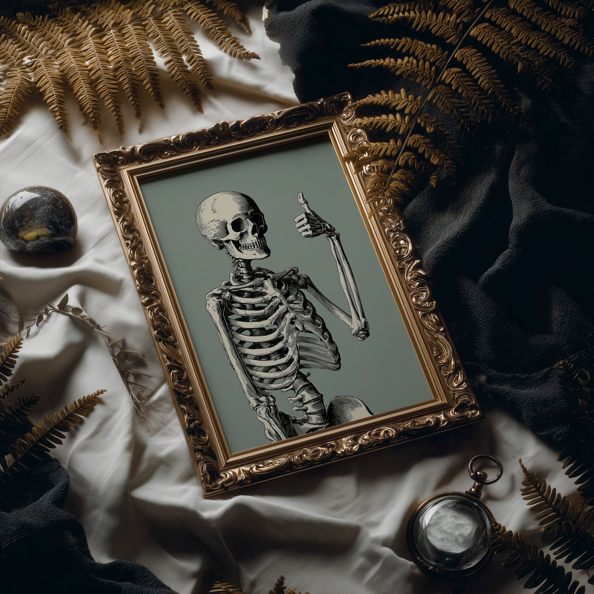 Bone Voyage, You’ve Got This, framed print leaning on a leather armchair beside a stack of books