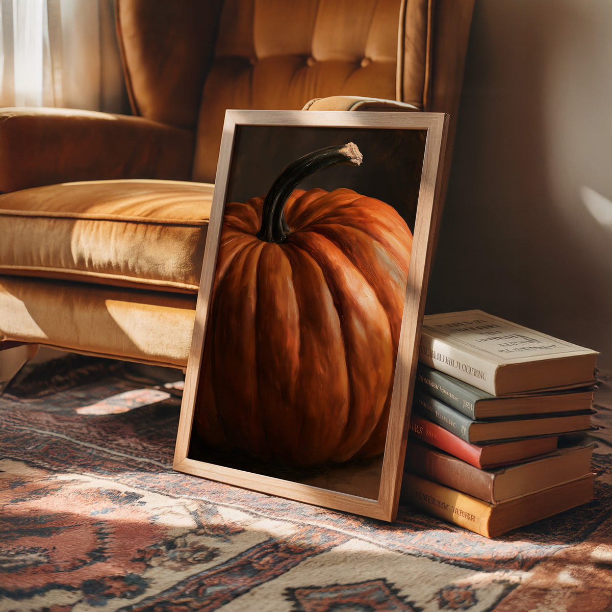 Thick And Proud Of It, framed print leaning on a leather armchair beside a stack of books