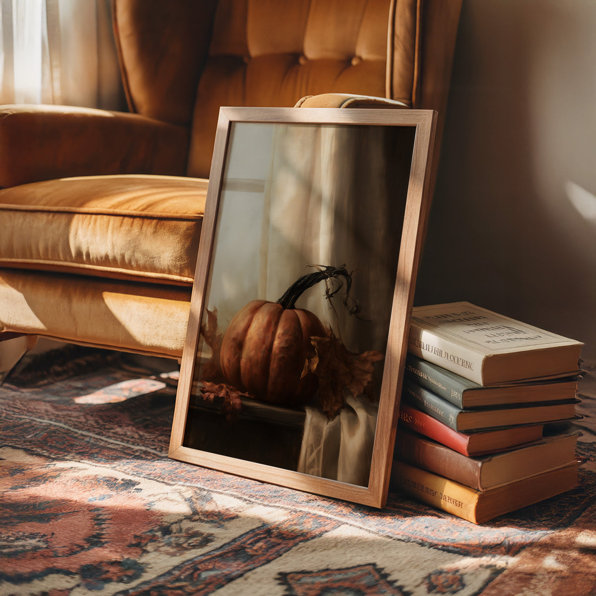 Window Seat Reserved For One Gourd, framed print leaning on a leather armchair beside a stack of books
