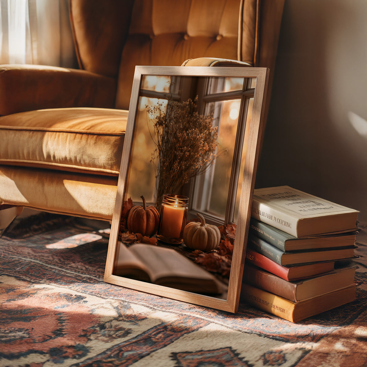 Candle Lit, Chapter Pending, framed print leaning on a leather armchair beside a stack of books