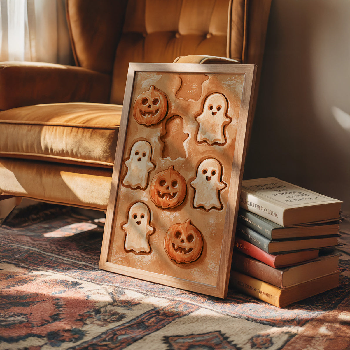 Two Ghosts Already Escaped The Dough, framed print leaning on a leather armchair beside a stack of books