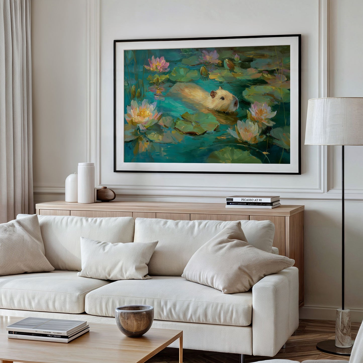 Golden Swimmer Among Water Lilies