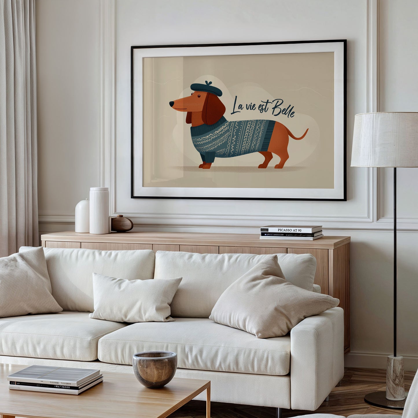 La Vie Est Belle Canvas Art | French Dachshund in Beret & Sweater Print for Living Room, Office or Dog Lover Décor