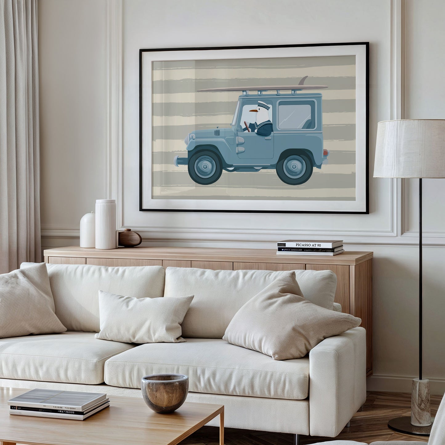 Surfing Seagull Canvas Art | Coastal Bird Driving Jeep with Surfboard Print for Beach House, Kids Room or Nautical Décor