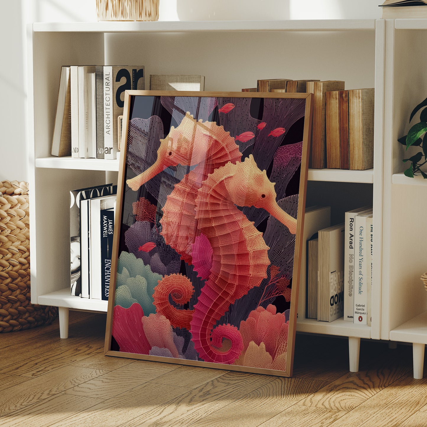 Seahorses Entwined in Coral