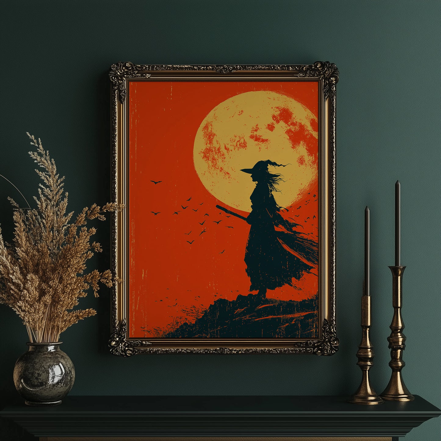 Silhouette Beneath the Amber Moon