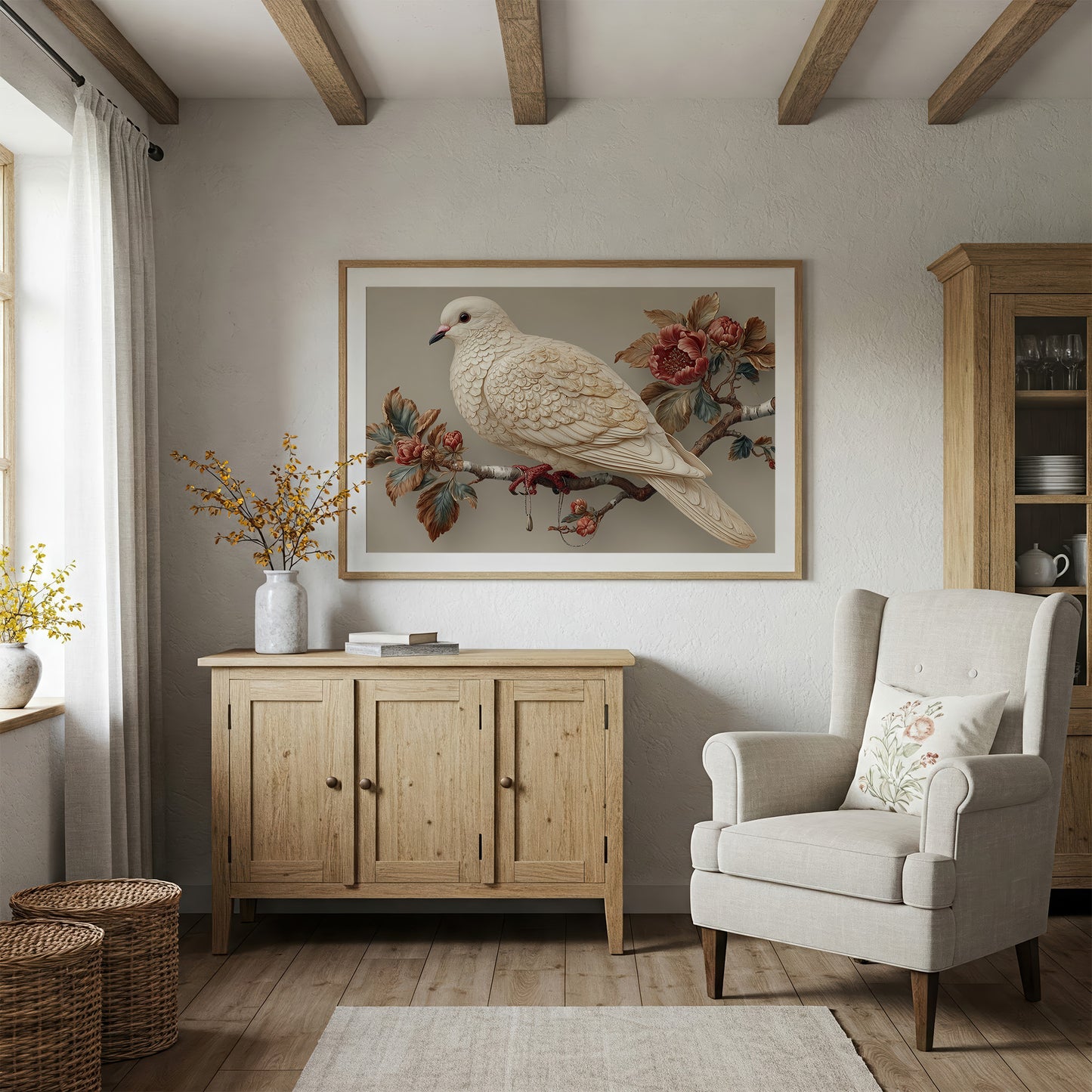 Ivory Dove Among Autumn Peonies