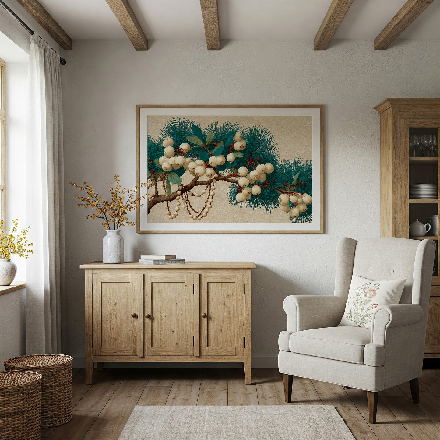 Snowberries and Pearls on Pine