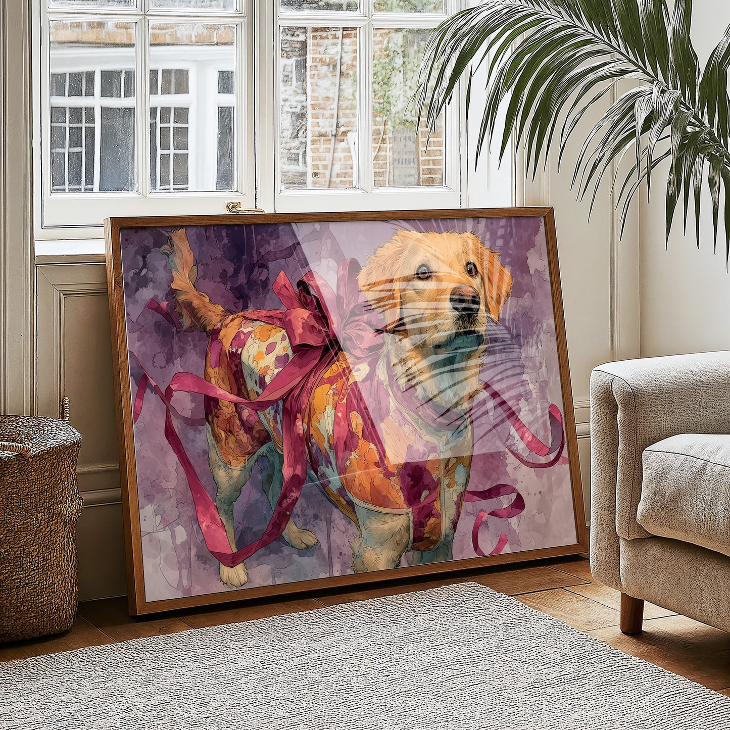 Golden Retriever Wrapped in Ribbon