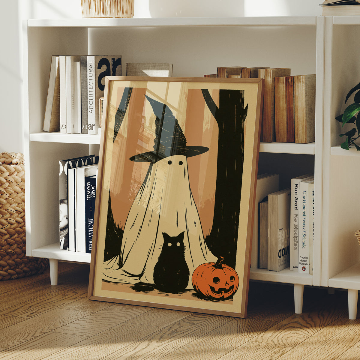 Ghost, Cat, and Jack-o'-Lantern