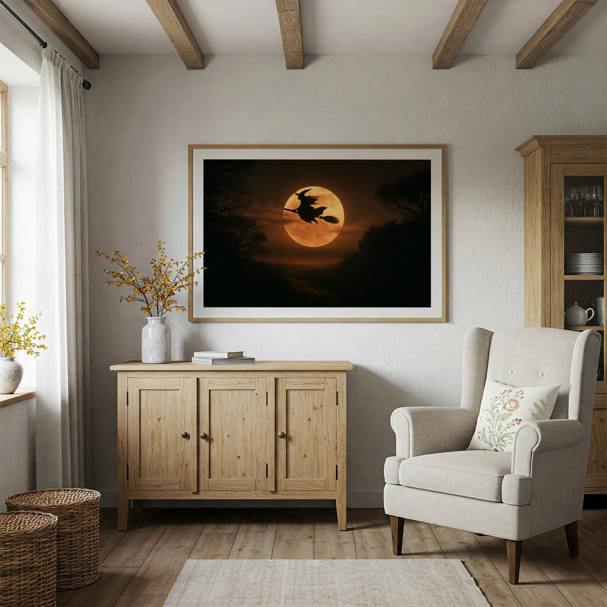 Witch Flying Across Full Moon