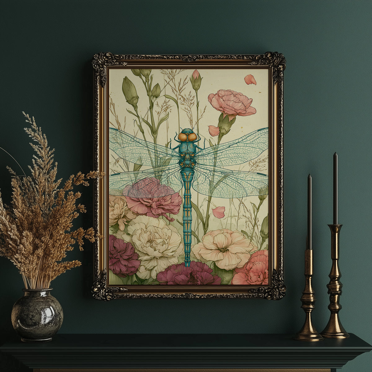 Dragonfly Among Carnations — Garden Bed Botanical Print