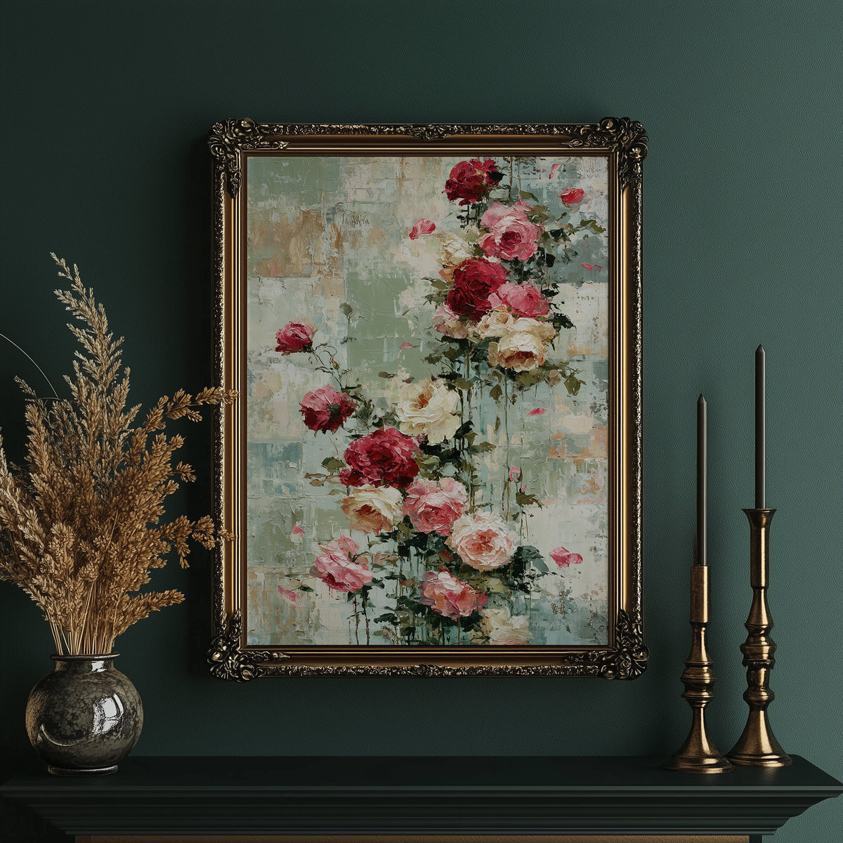 Climbing Roses on Plaster — Crimson Drip Impasto Painting