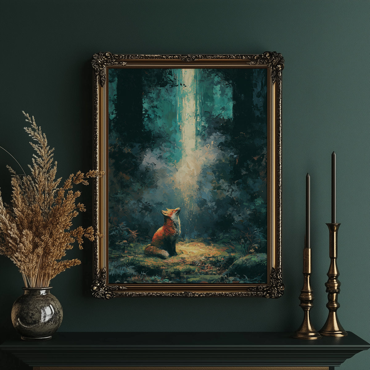 Fox in the Cathedral Light — Dark Forest Oil Painting