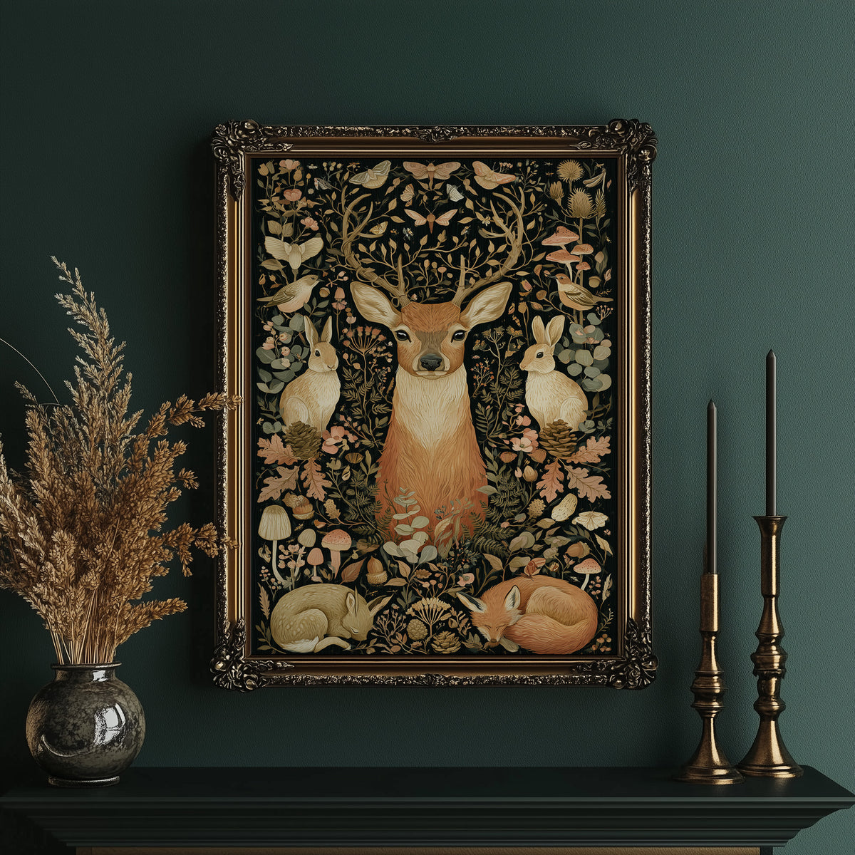 Woodland Tapestry — Blush and Gold Forest Creatures