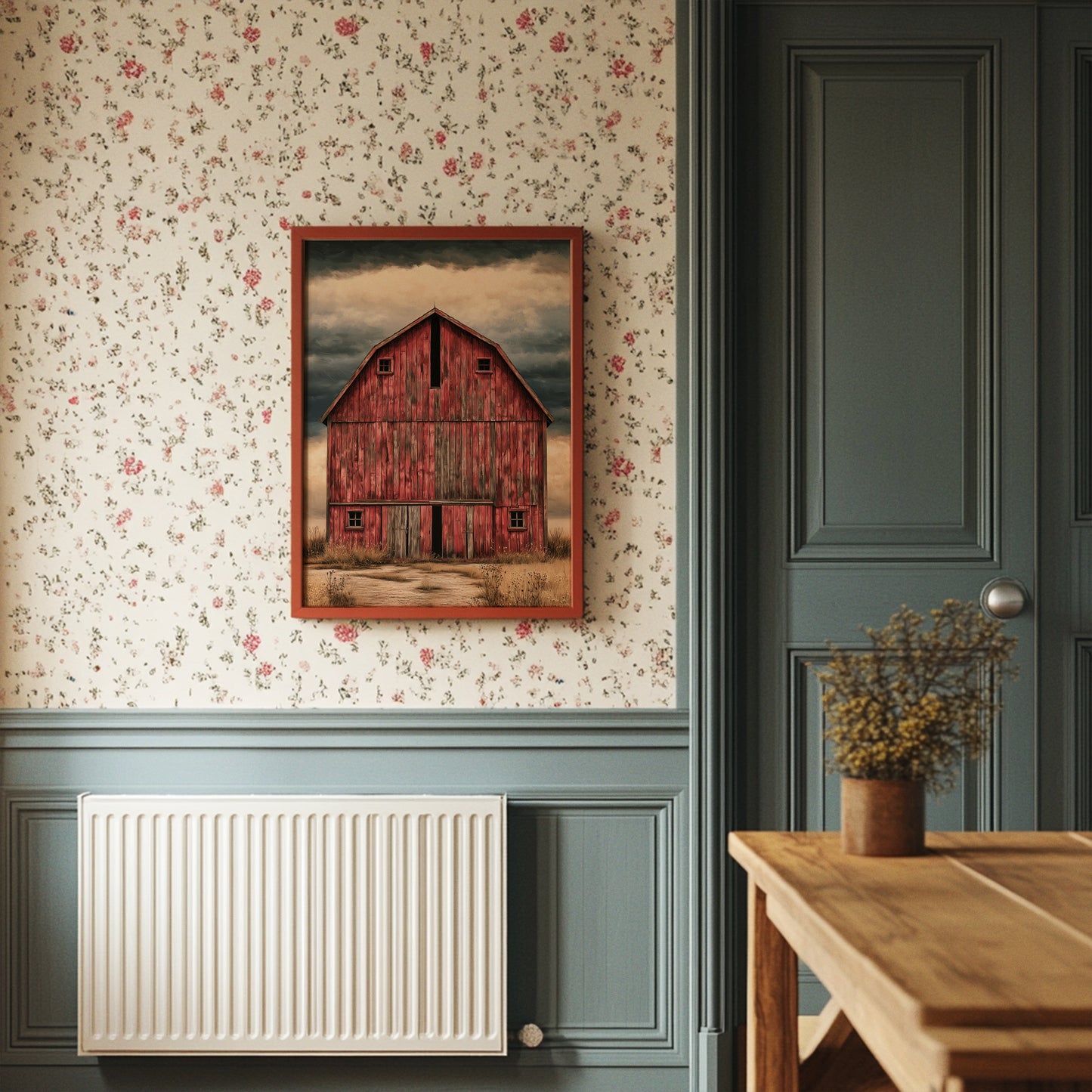 The Red Barn — Stormy Prairie Oil Painting