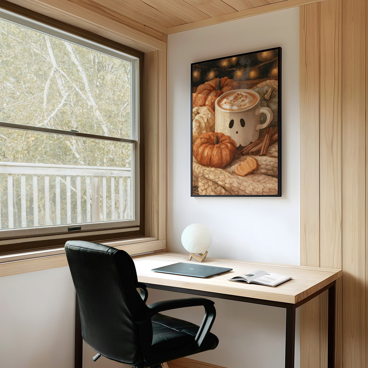 Pumpkin Spice And Everything Boo, framed print on a white wall above a desk and black office chair