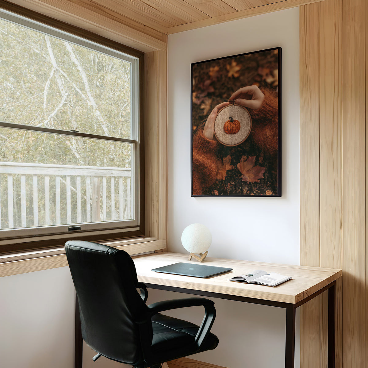 Hoop Dreams, Pumpkin Edition, framed print on a white wall above a desk and black office chair
