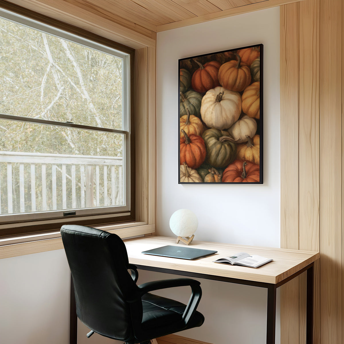 Crowded House, Gourd Edition, framed print on a white wall above a desk and black office chair