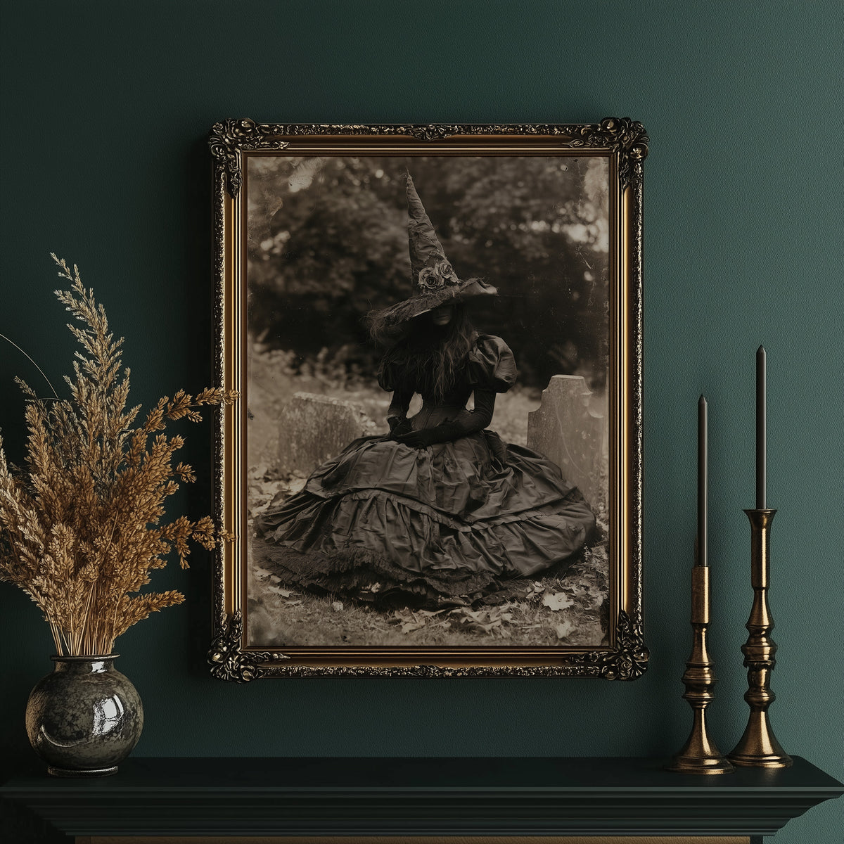 Resting Witch Face, framed print on a white wall above a desk and black office chair