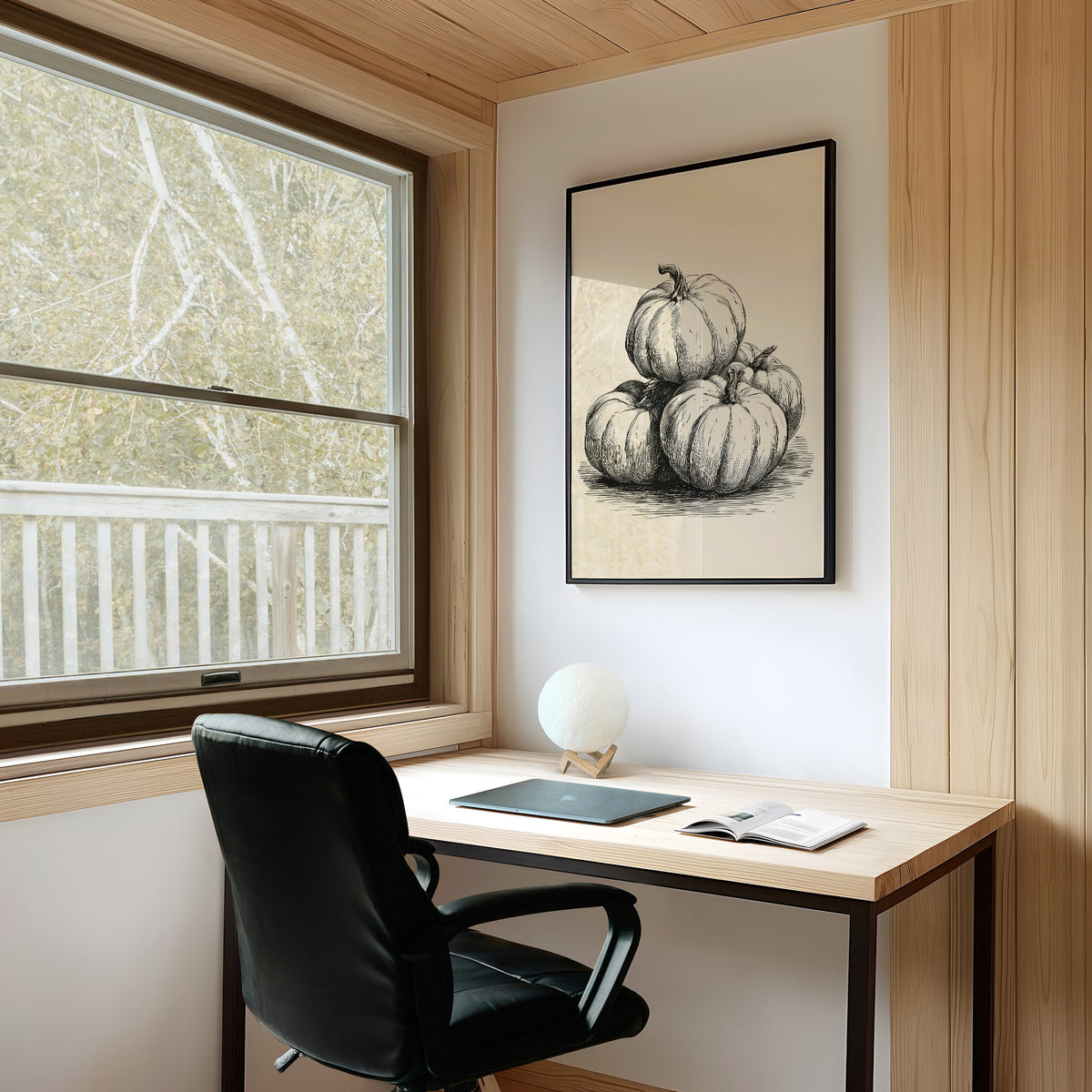 Top Gourd Takes The High Ground, framed print on a white wall above a desk and black office chair