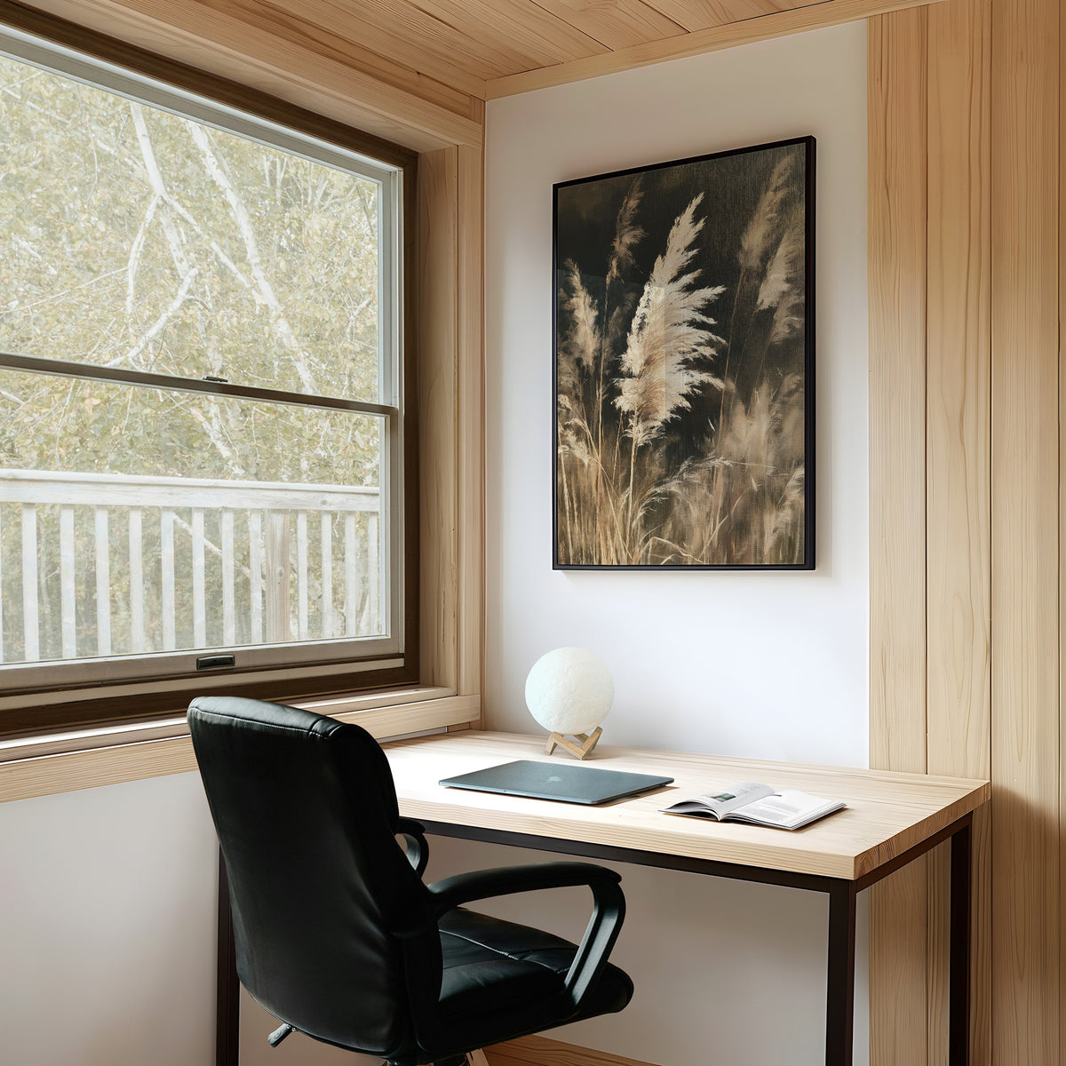 Gone With The Wind, Fluff Included, framed print on a white wall above a desk and black office chair