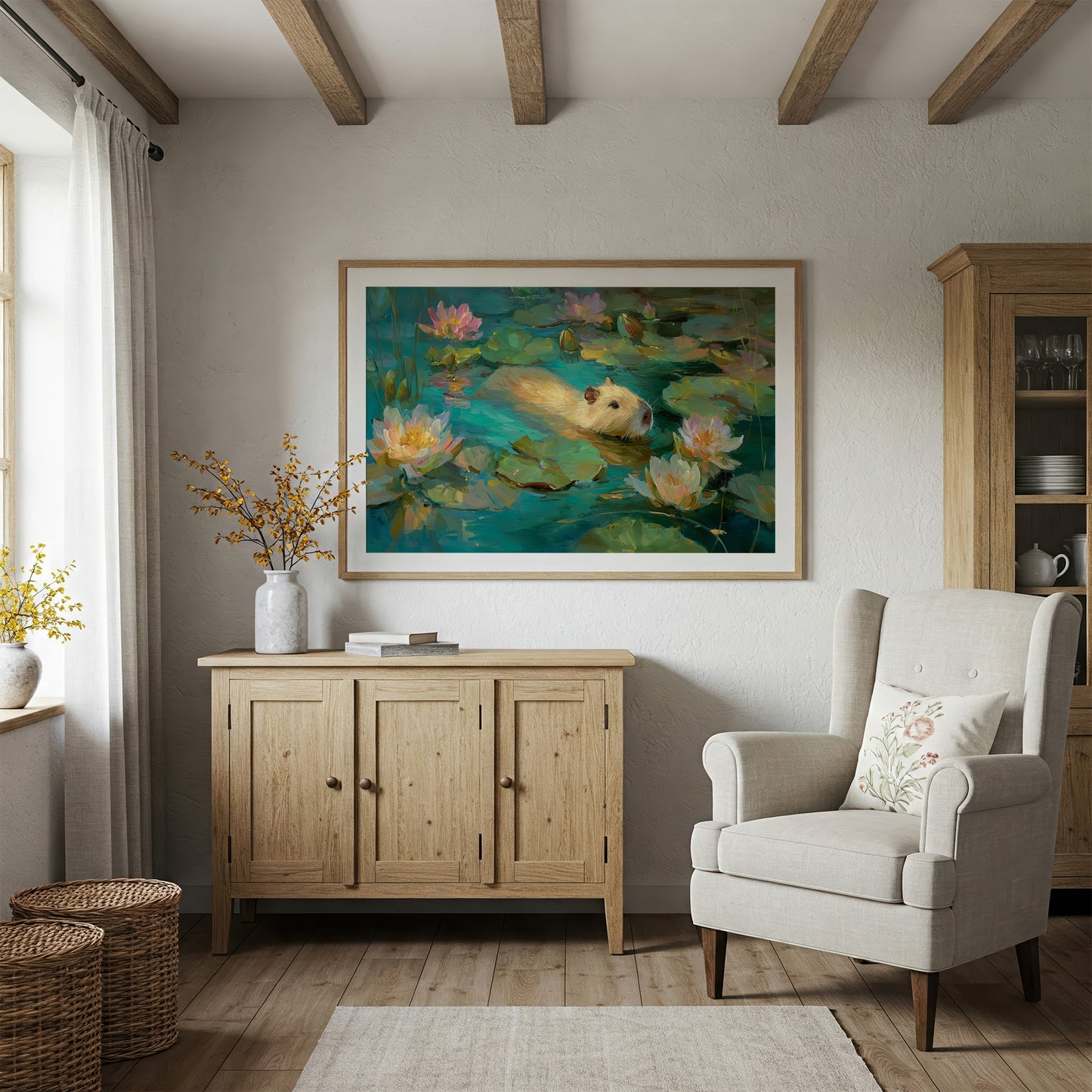 Golden Swimmer Among Water Lilies