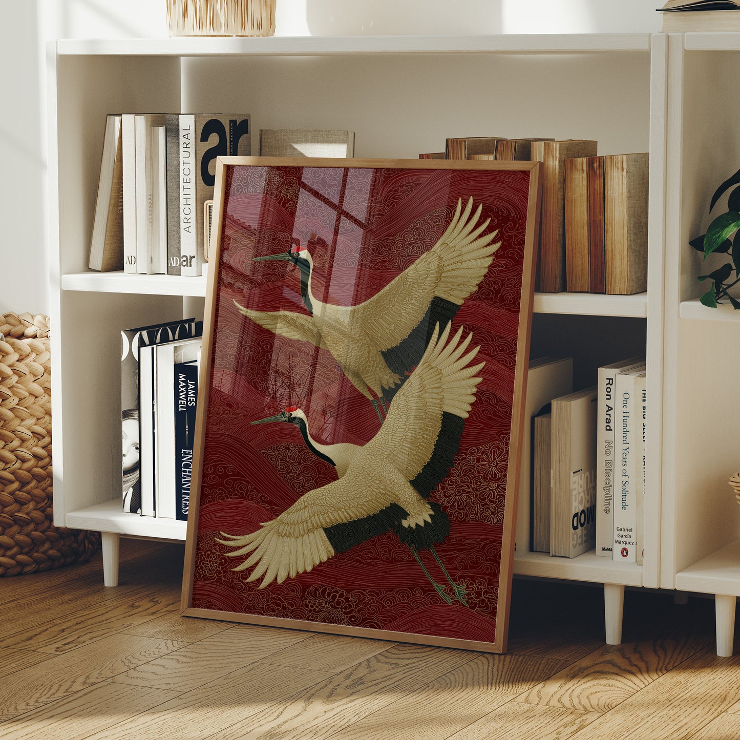 Cranes Across Crimson Skies